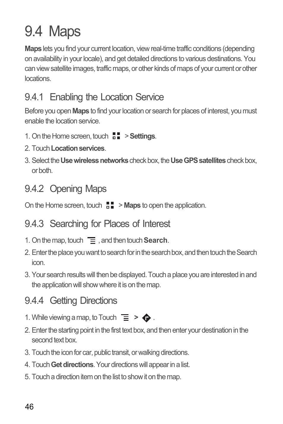 4 maps, 1 enabling the location service, 2 opening maps | 3 searching for places of interest, 4 getting directions | Huawei H866C User Manual | Page 52 / 70