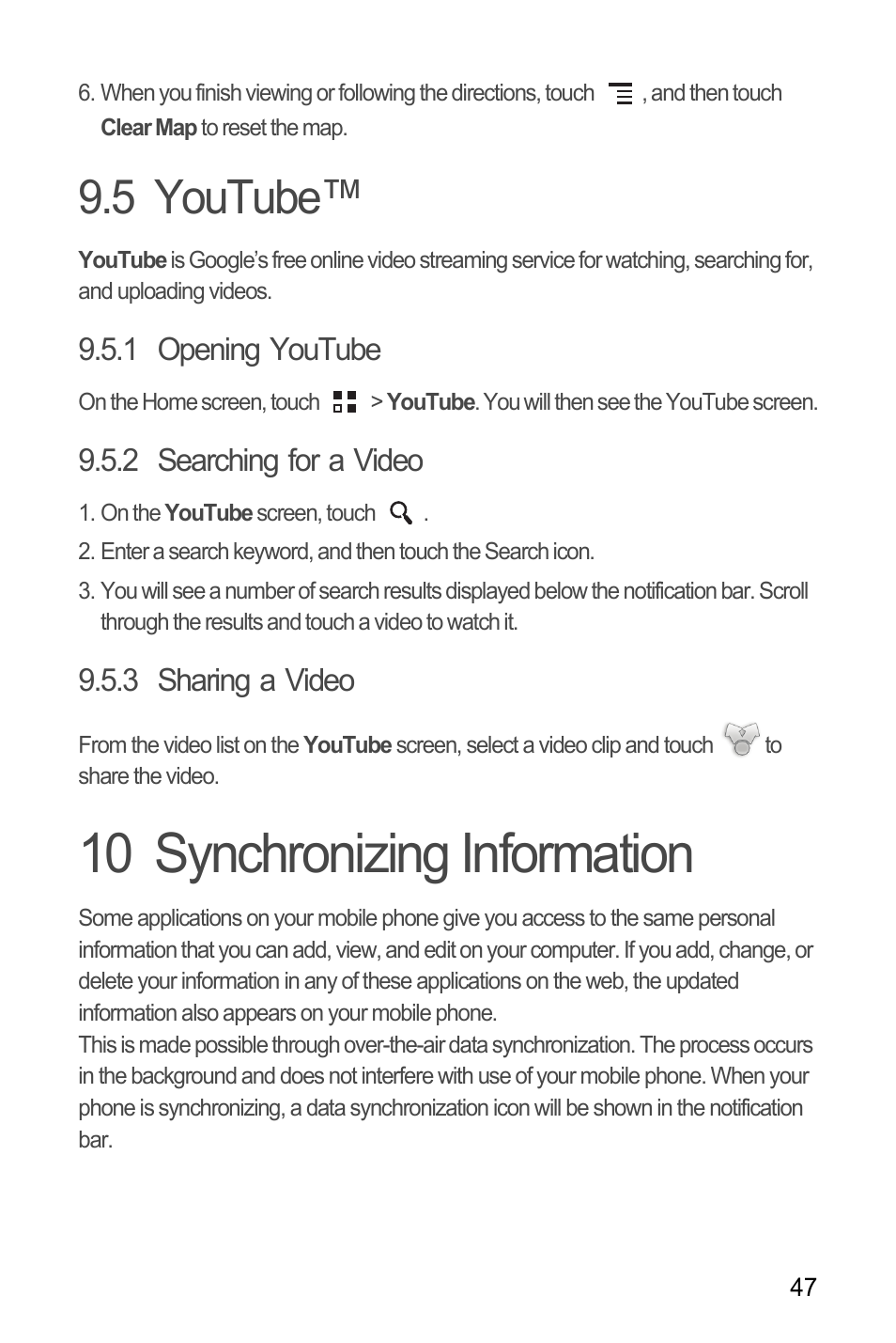 5 youtube, 1 opening youtube, 2 searching for a video | 3 sharing a video, 10 synchronizing information, Synchronizing information | Huawei H866C User Manual | Page 53 / 70