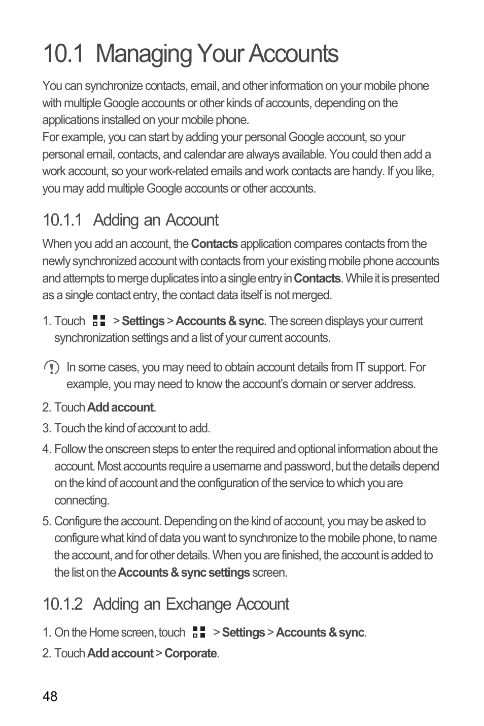 1 managing your accounts, 1 adding an account, 2 adding an exchange account | Huawei H866C User Manual | Page 54 / 70
