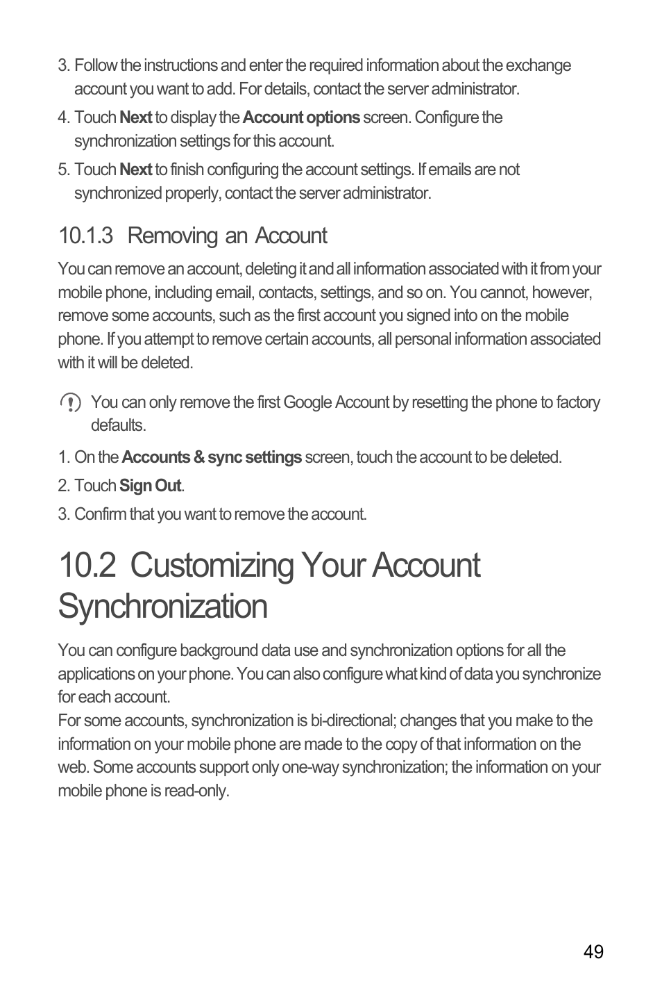 3 removing an account, 2 customizing your account synchronization | Huawei H866C User Manual | Page 55 / 70