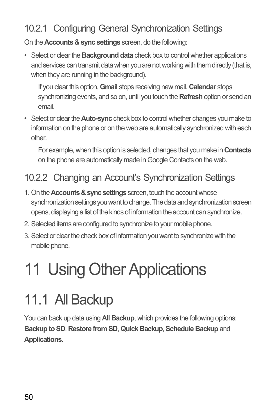 1 configuring general synchronization settings, 2 changing an account’s synchronization settings, 11 using other applications | 1 all backup | Huawei H866C User Manual | Page 56 / 70