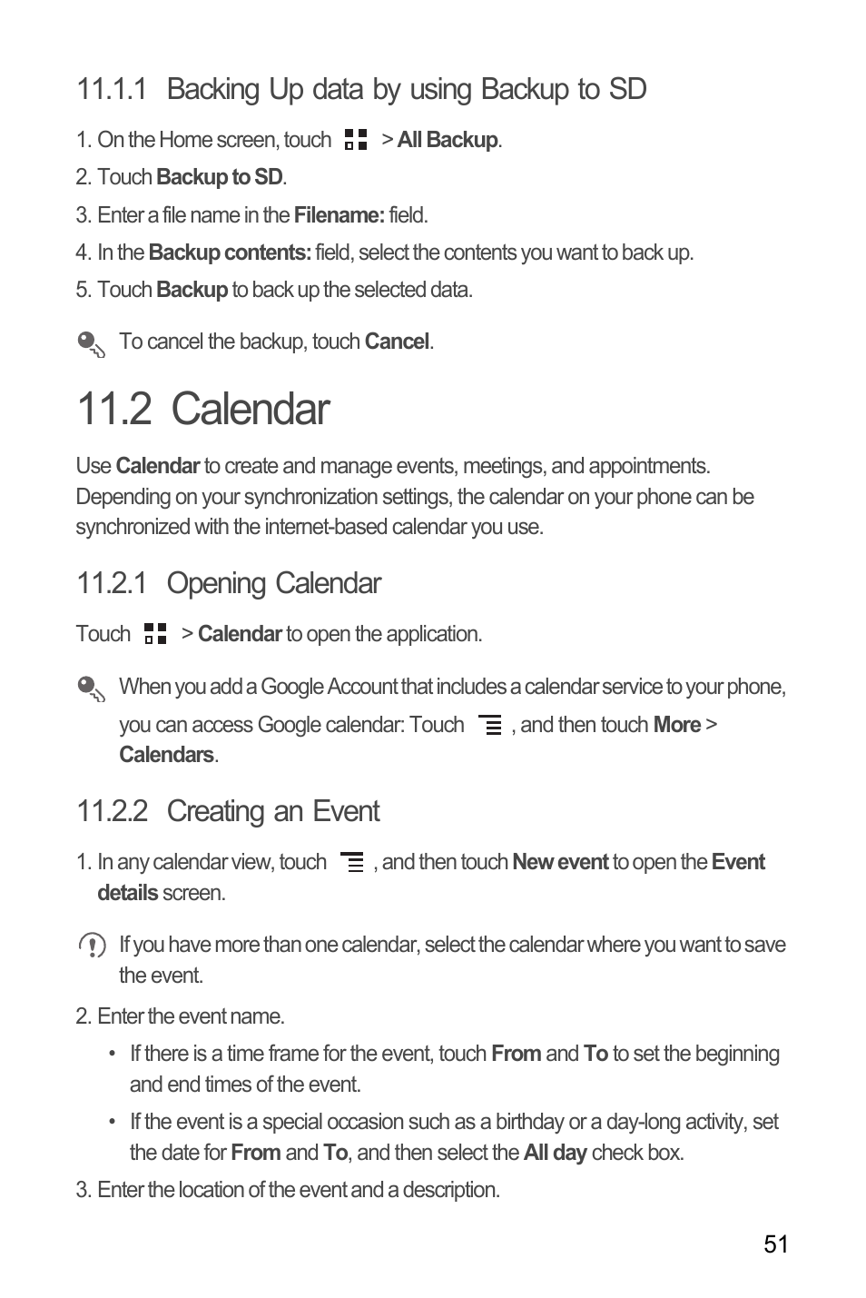 1 backing up data by using backup to sd, 2 calendar, 1 opening calendar | 2 creating an event | Huawei H866C User Manual | Page 57 / 70