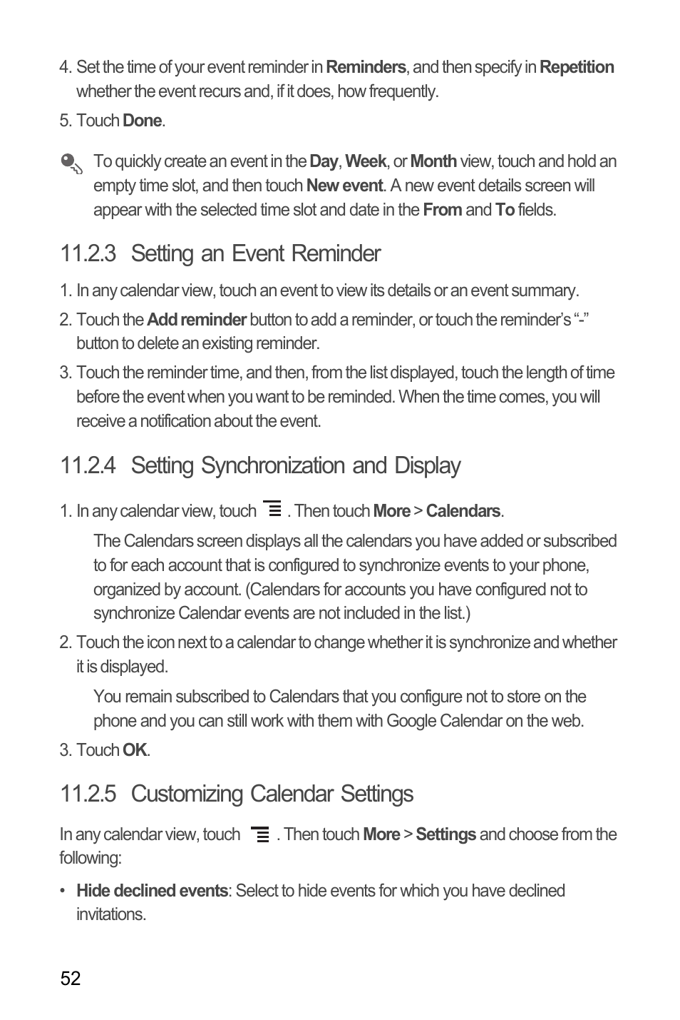 3 setting an event reminder, 4 setting synchronization and display, 5 customizing calendar settings | Huawei H866C User Manual | Page 58 / 70