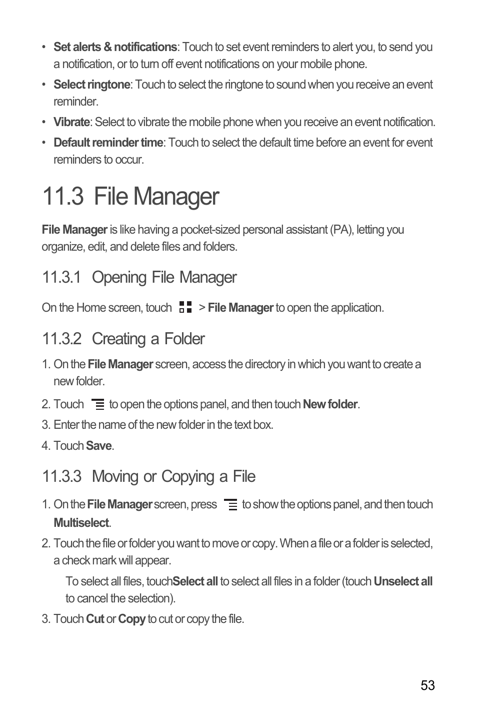 3 file manager, 1 opening file manager, 2 creating a folder | 3 moving or copying a file | Huawei H866C User Manual | Page 59 / 70