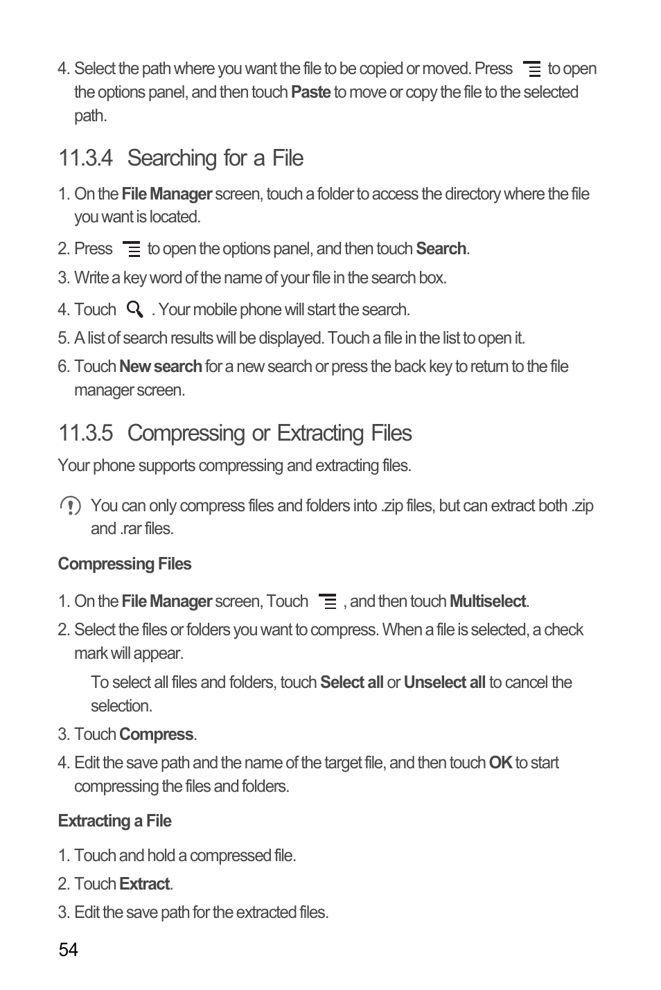 4 searching for a file, 5 compressing or extracting files, Compressing files | Extracting a file | Huawei H866C User Manual | Page 60 / 70