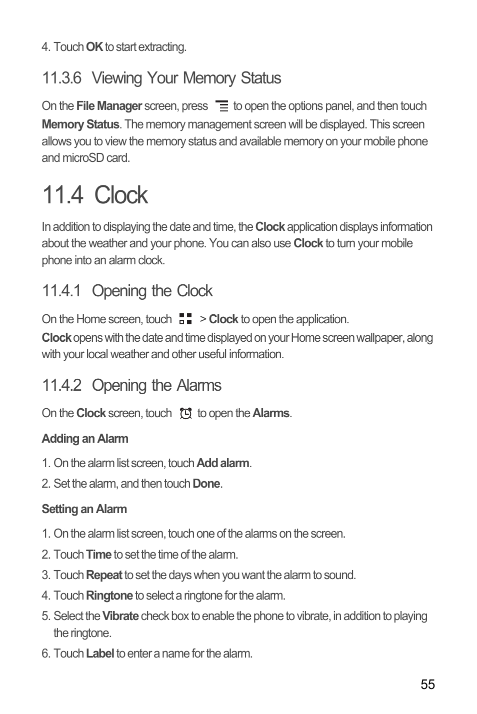 6 viewing your memory status, 4 clock, 1 opening the clock | 2 opening the alarms, Adding an alarm, Setting an alarm | Huawei H866C User Manual | Page 61 / 70