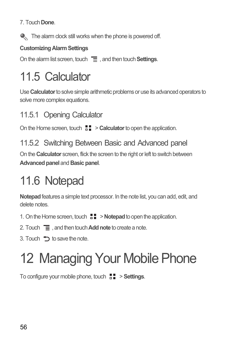 Customizing alarm settings, 5 calculator, 1 opening calculator | 2 switching between basic and advanced panel, 6 notepad, 12 managing your mobile phone, 5 calculator 11.6 notepad | Huawei H866C User Manual | Page 62 / 70