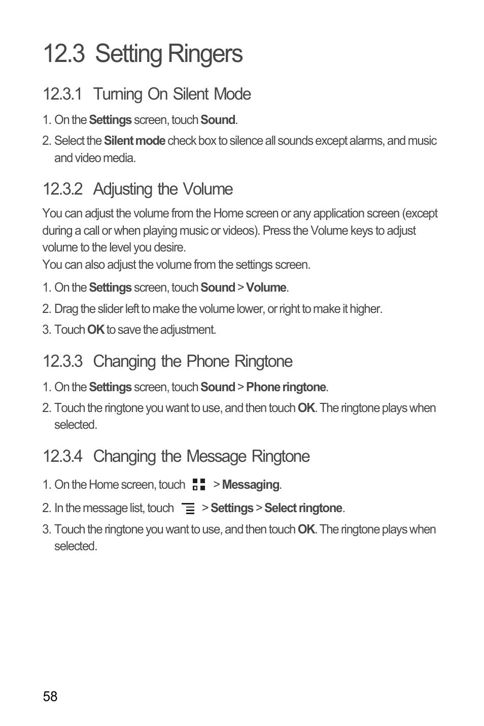 3 setting ringers, 1 turning on silent mode, 2 adjusting the volume | 3 changing the phone ringtone, 4 changing the message ringtone | Huawei H866C User Manual | Page 64 / 70