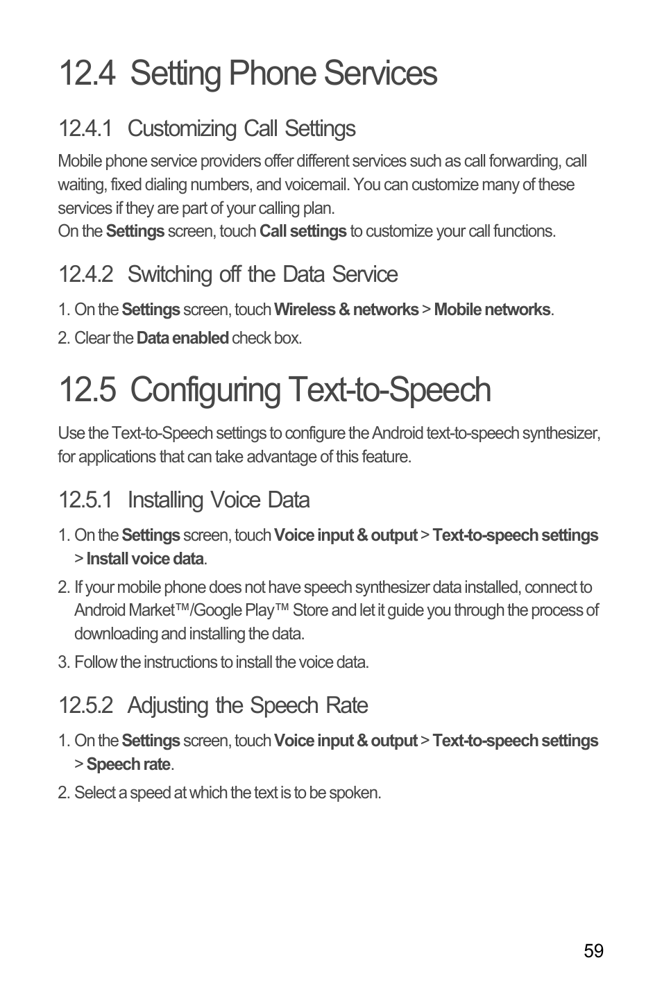 4 setting phone services, 1 customizing call settings, 2 switching off the data service | 5 configuring text-to-speech, 1 installing voice data, 2 adjusting the speech rate | Huawei H866C User Manual | Page 65 / 70