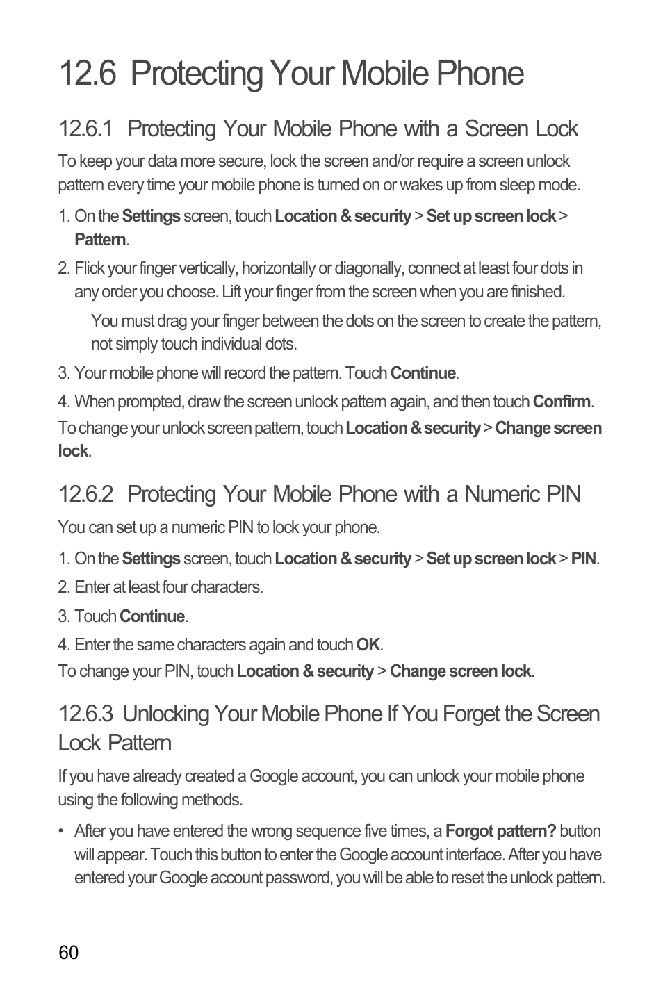 6 protecting your mobile phone, 1 protecting your mobile phone with a screen lock, 2 protecting your mobile phone with a numeric pin | Huawei H866C User Manual | Page 66 / 70