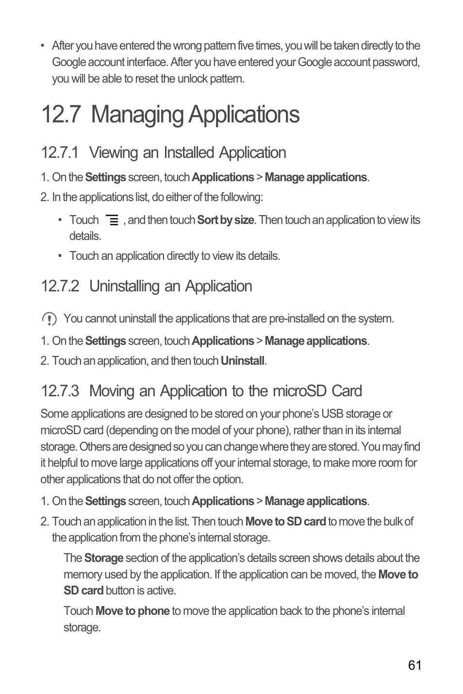 7 managing applications, 1 viewing an installed application, 2 uninstalling an application | 3 moving an application to the microsd card | Huawei H866C User Manual | Page 67 / 70