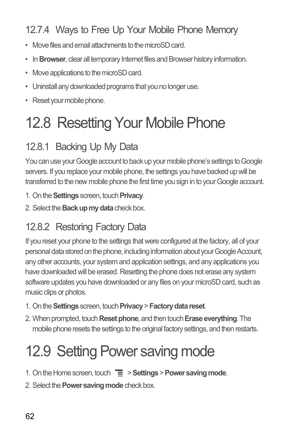 4 ways to free up your mobile phone memory, 8 resetting your mobile phone, 1 backing up my data | 2 restoring factory data, 9 setting power saving mode | Huawei H866C User Manual | Page 68 / 70