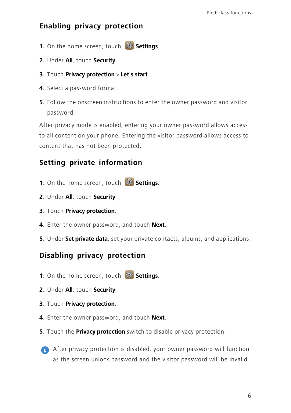 Enabling privacy protection, Setting private information, Disabling privacy protection | Huawei Ascend Mate7 MT7-TL10 User Manual | Page 10 / 89