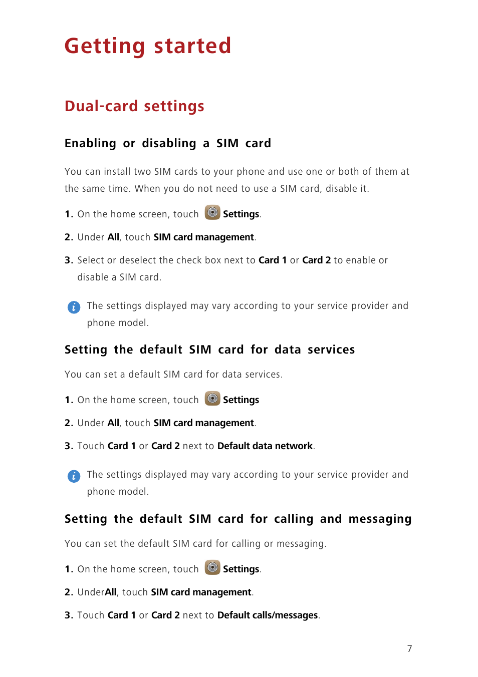 Getting started, Dual-card settings, Enabling or disabling a sim card | Setting the default sim card for data services | Huawei Ascend Mate7 MT7-TL10 User Manual | Page 11 / 89