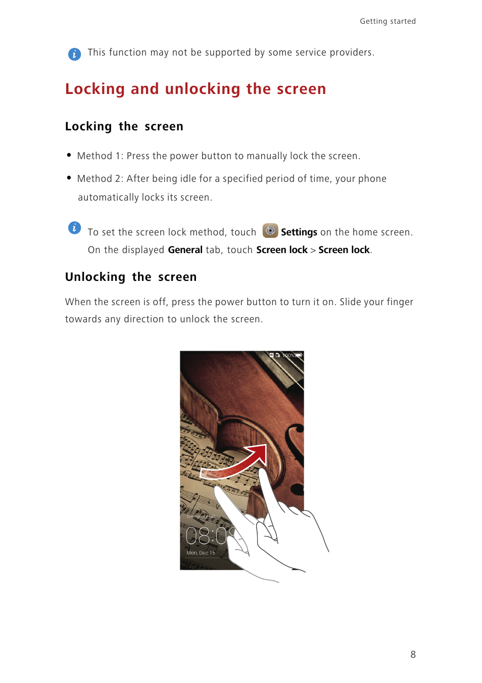 Locking and unlocking the screen, Locking the screen, Unlocking the screen | Huawei Ascend Mate7 MT7-TL10 User Manual | Page 12 / 89