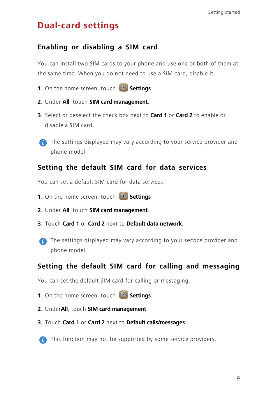 Dual-card settings, Enabling or disabling a sim card, Setting the default sim card for data services | Huawei Ascend Mate7 MT7-TL10 User Manual | Page 13 / 89