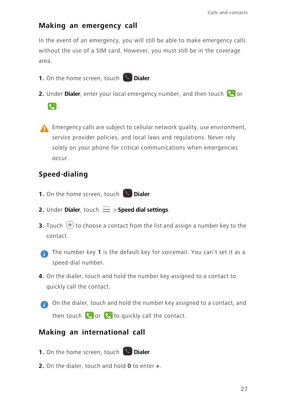 Making an emergency call, Speed-dialing, Making an international call | Huawei Ascend Mate7 MT7-TL10 User Manual | Page 31 / 89