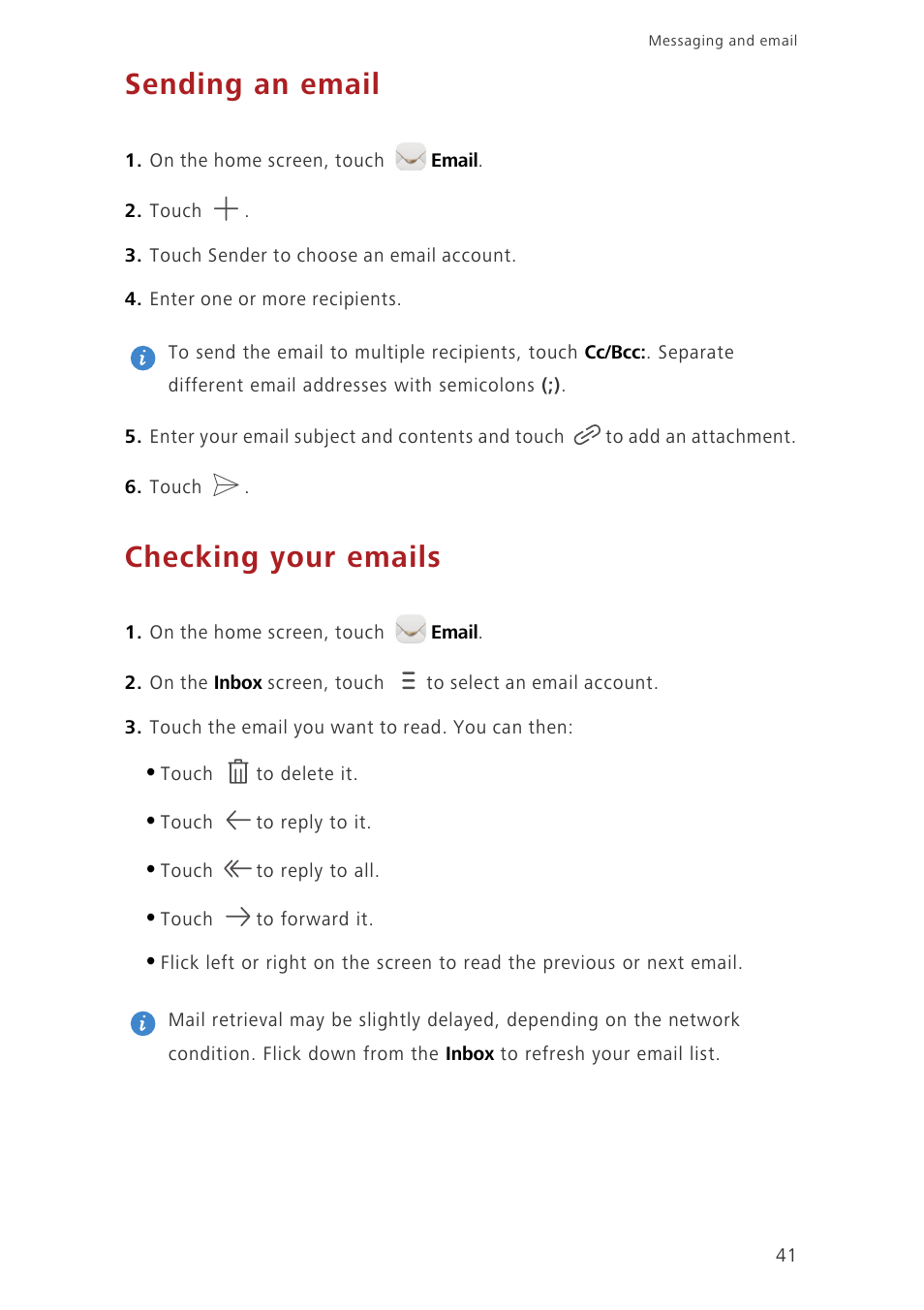 Sending an email, Checking your emails | Huawei Ascend Mate7 MT7-TL10 User Manual | Page 45 / 89