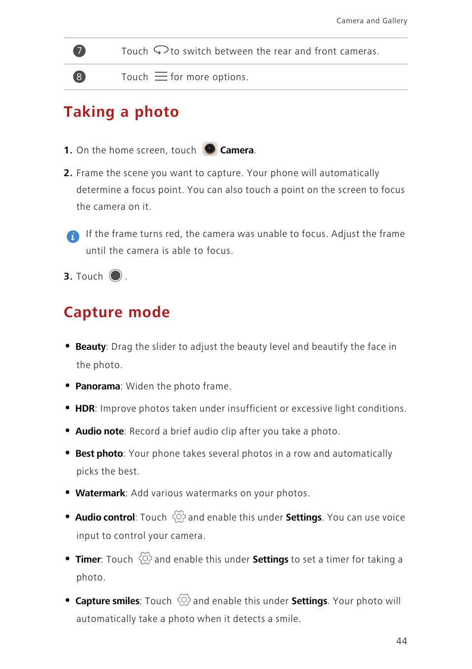 Taking a photo, Capture mode | Huawei Ascend Mate7 MT7-TL10 User Manual | Page 48 / 89