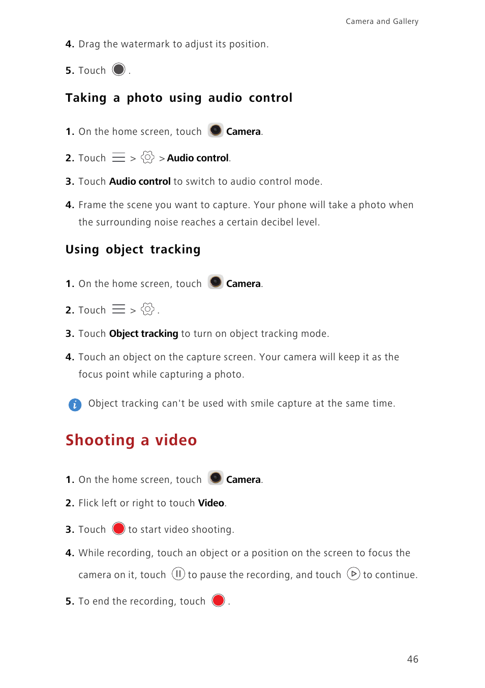 Taking a photo using audio control, Using object tracking, Shooting a video | Huawei Ascend Mate7 MT7-TL10 User Manual | Page 50 / 89