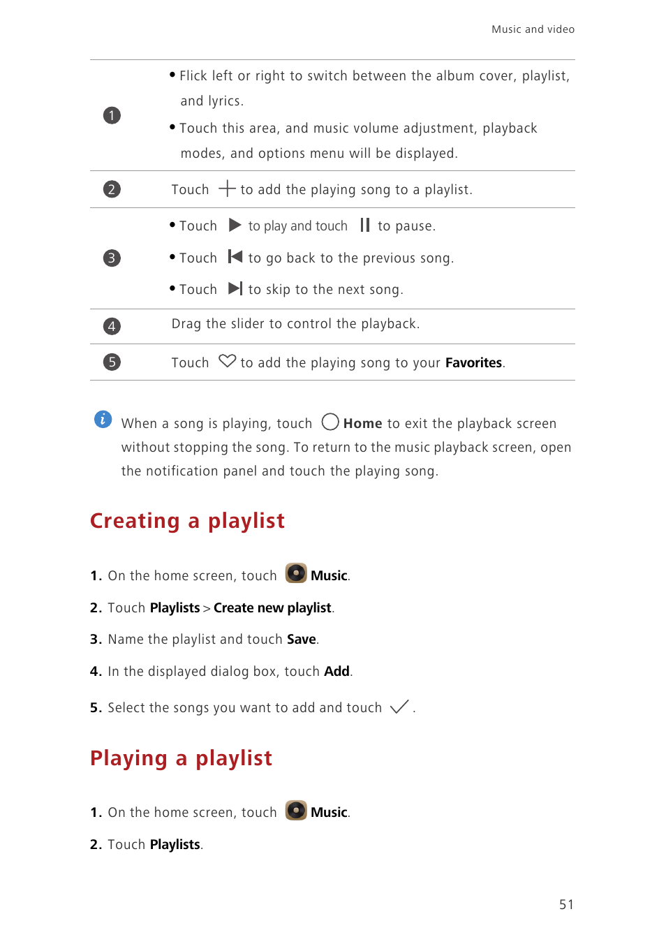 Creating a playlist, Playing a playlist | Huawei Ascend Mate7 MT7-TL10 User Manual | Page 55 / 89