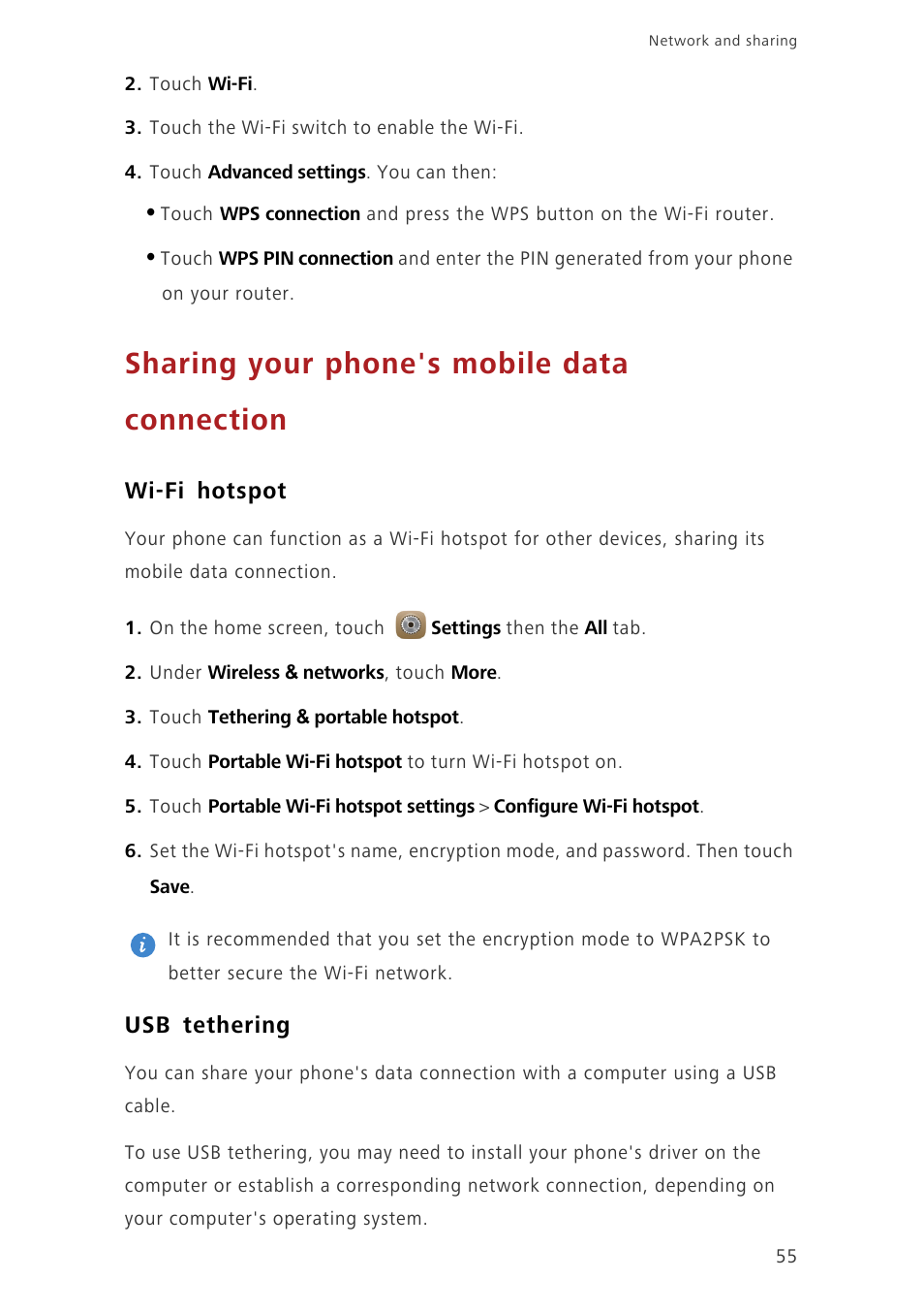 Sharing your phone's mobile data connection, Wi-fi hotspot, Usb tethering | Huawei Ascend Mate7 MT7-TL10 User Manual | Page 59 / 89