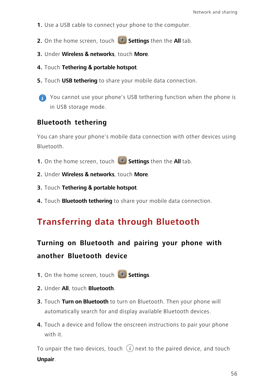 Bluetooth tethering, Transferring data through bluetooth | Huawei Ascend Mate7 MT7-TL10 User Manual | Page 60 / 89