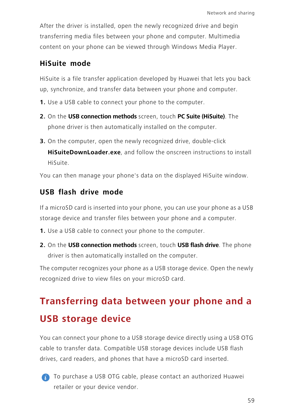 Hisuite mode, Usb flash drive mode | Huawei Ascend Mate7 MT7-TL10 User Manual | Page 63 / 89