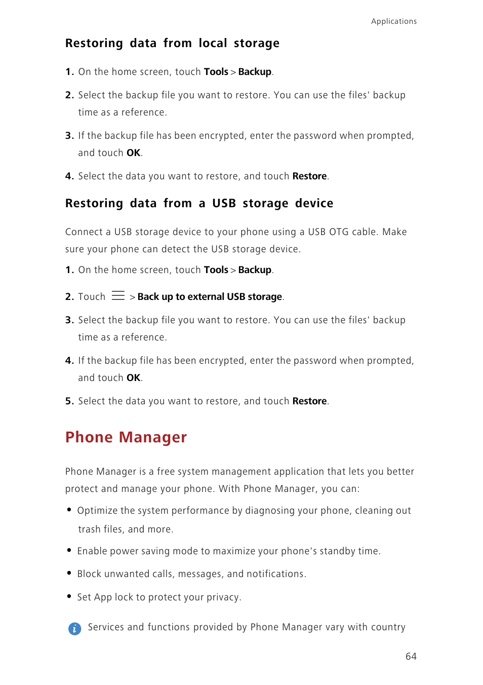 Restoring data from local storage, Restoring data from a usb storage device, Phone manager | Huawei Ascend Mate7 MT7-TL10 User Manual | Page 68 / 89