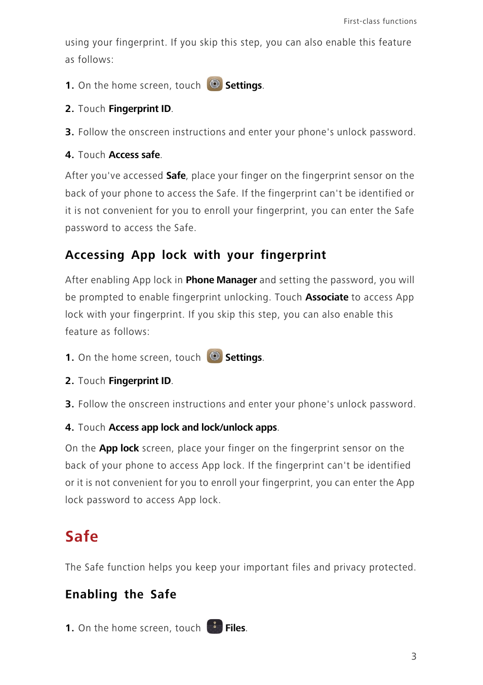 Accessing app lock with your fingerprint, Safe, Enabling the safe | Huawei Ascend Mate7 MT7-TL10 User Manual | Page 7 / 89