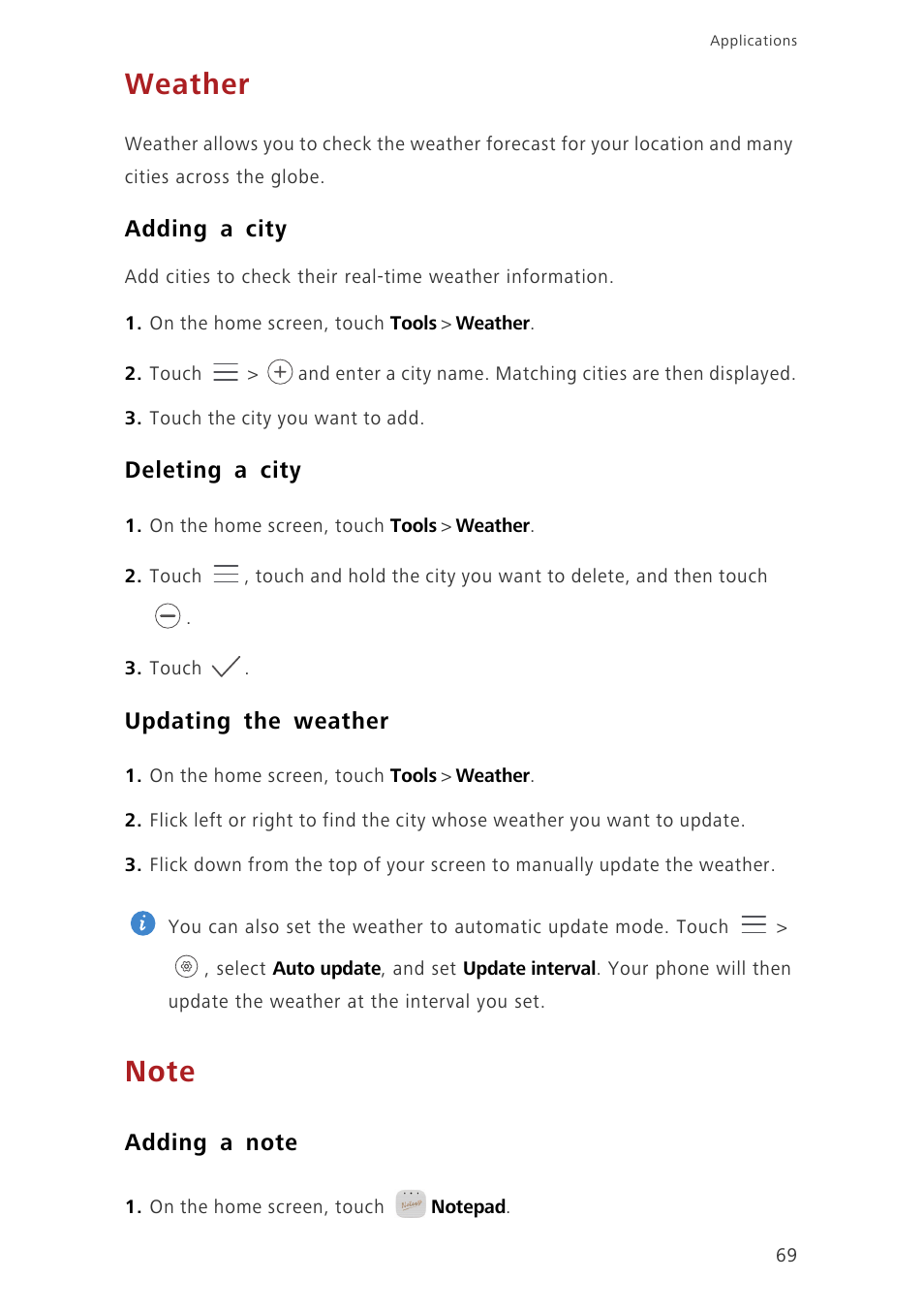 Weather, Adding a city, Deleting a city | Updating the weather, Note, Adding a note | Huawei Ascend Mate7 MT7-TL10 User Manual | Page 73 / 89