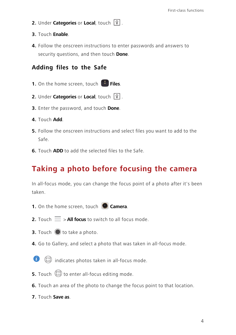 Adding files to the safe, Taking a photo before focusing the camera | Huawei Ascend Mate7 MT7-TL10 User Manual | Page 8 / 89