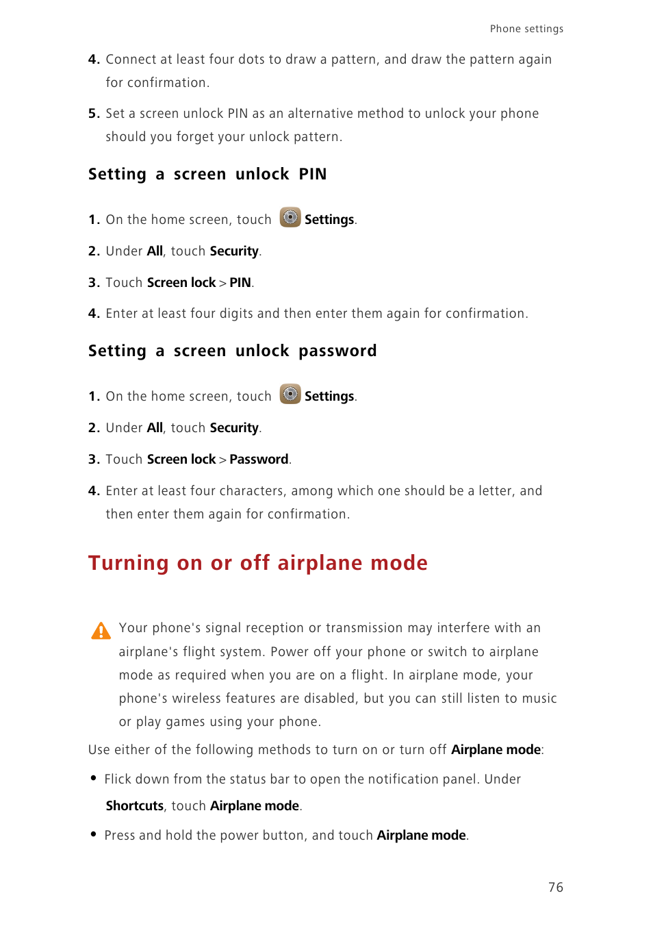 Setting a screen unlock pin, Setting a screen unlock password, Turning on or off airplane mode | Huawei Ascend Mate7 MT7-TL10 User Manual | Page 80 / 89