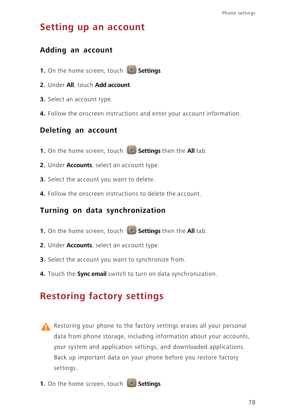 Setting up an account, Adding an account, Deleting an account | Turning on data synchronization, Restoring factory settings | Huawei Ascend Mate7 MT7-TL10 User Manual | Page 82 / 89