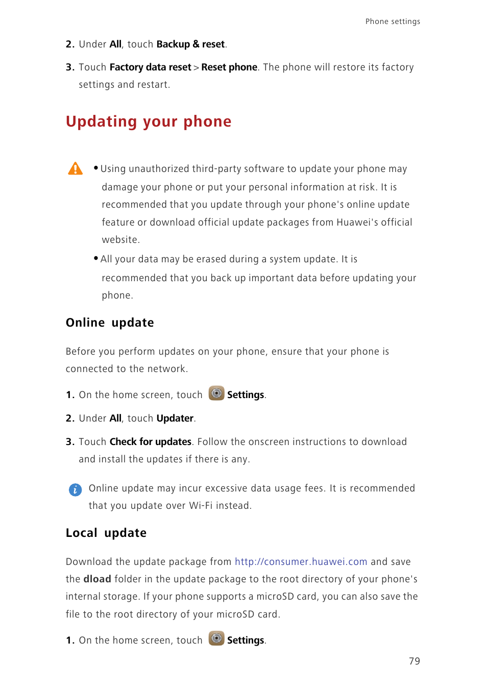 Updating your phone, Online update, Local update | Huawei Ascend Mate7 MT7-TL10 User Manual | Page 83 / 89