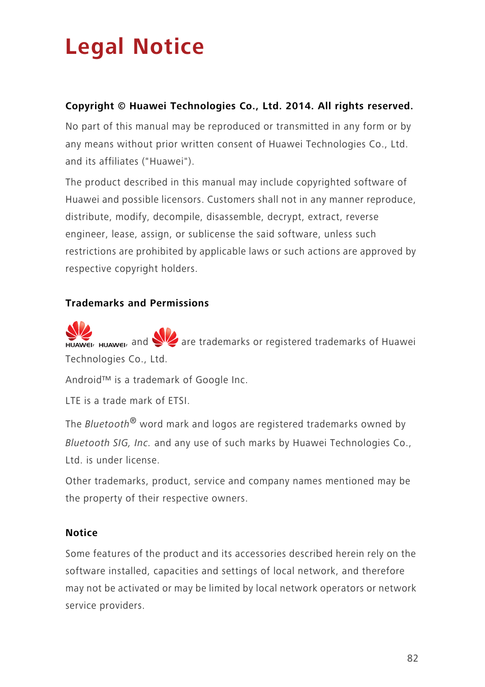 Legal notice, Trademarks and permissions, Notice | Huawei Ascend Mate7 MT7-TL10 User Manual | Page 86 / 89