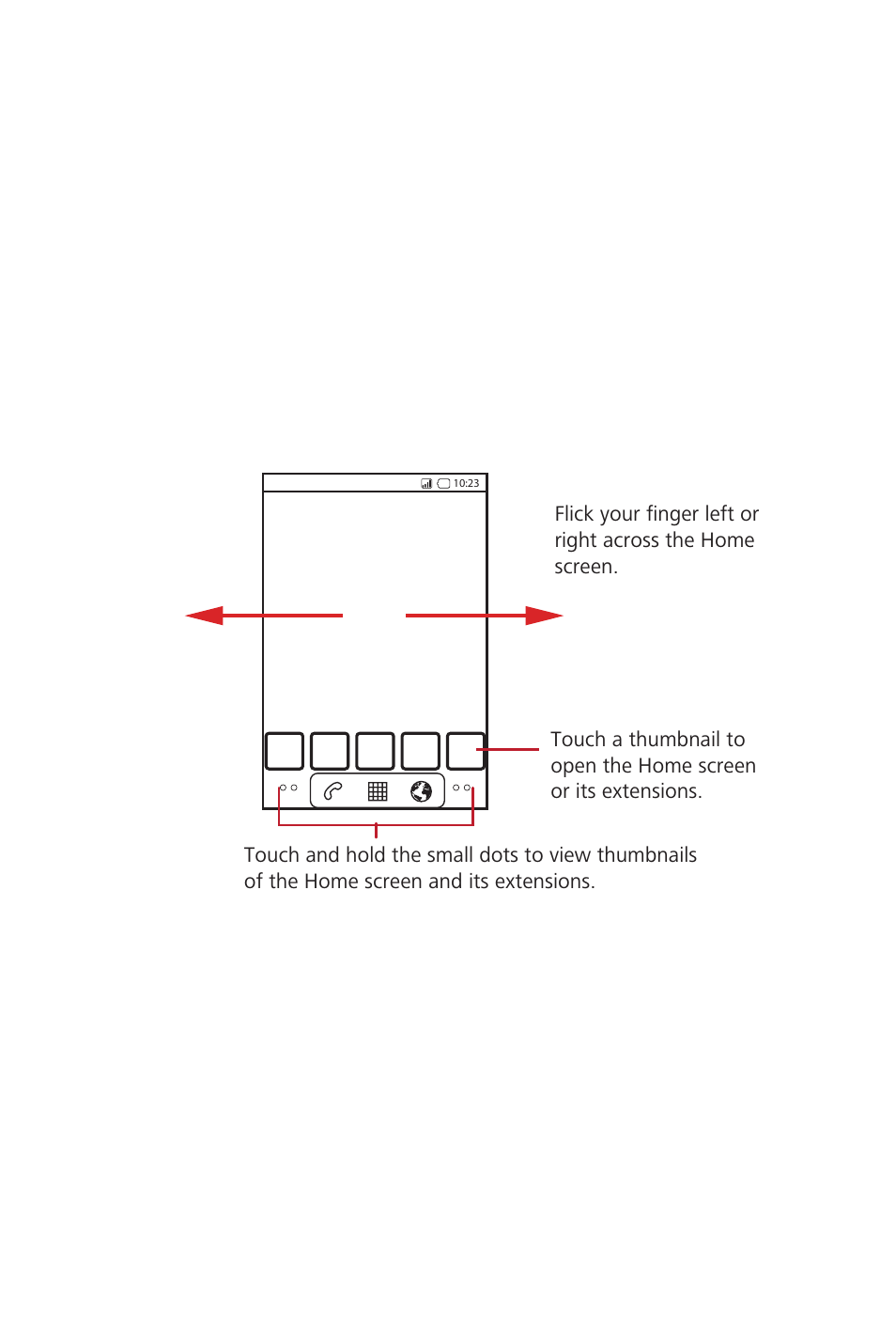 Opening the notification panel, Closing the notification panel, 3 viewing other parts of the home screen | 4 customizing the home screen, Adding a new screen item, Moving a screen item | Huawei M835 User Guide User Manual | Page 19 / 72