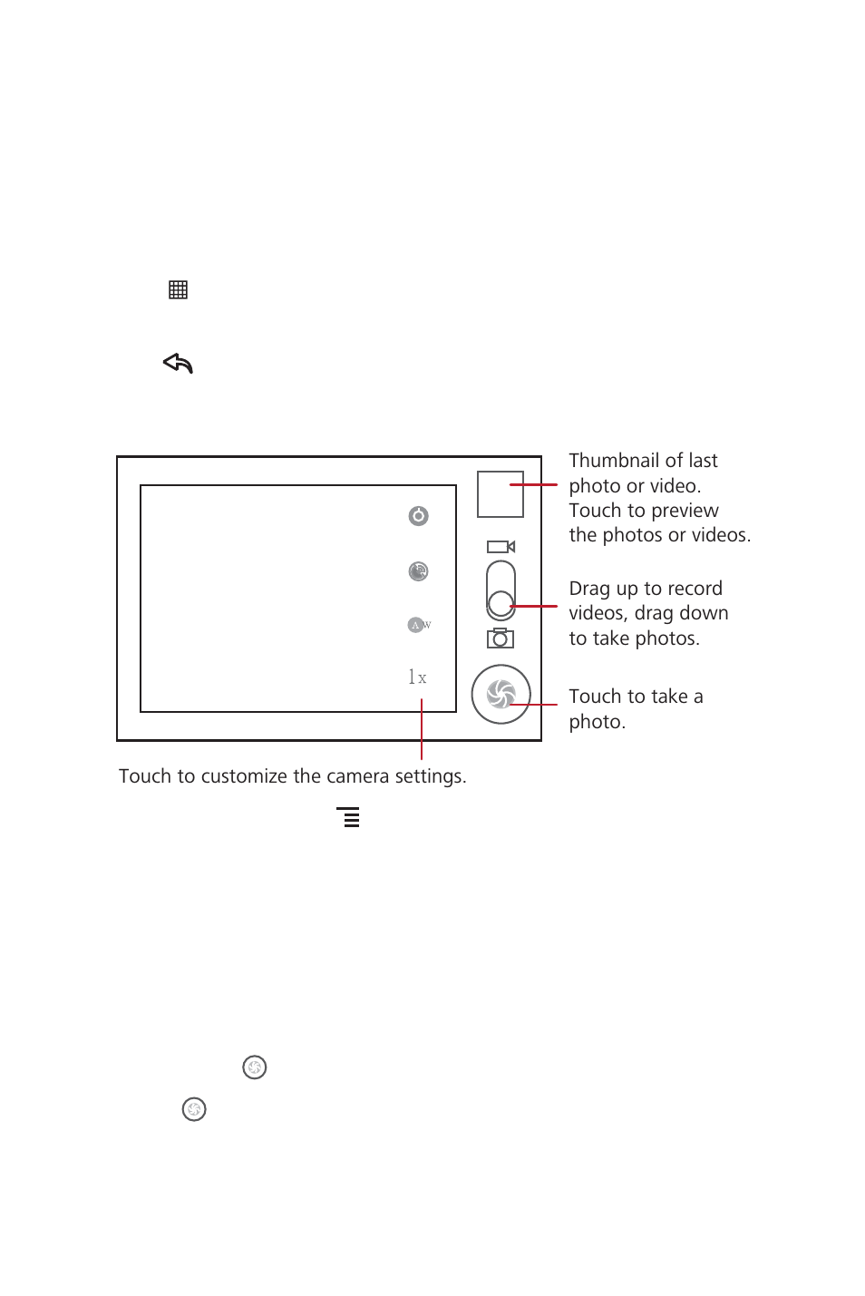 1 taking photos and recording videos, 1 opening your camera, Capture screen | 2 taking a photo | Huawei M835 User Guide User Manual | Page 40 / 72