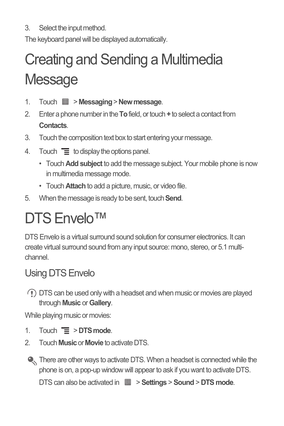 Creating and sending a multimedia message, Dts envelo, Using dts envelo | Huawei M835 Quick Start User Manual | Page 11 / 23