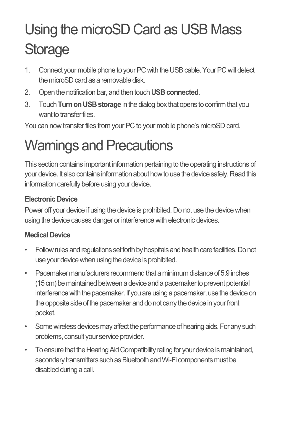 Using the microsd card as usb mass storage, Warnings and precautions, Electronic device | Medical device | Huawei M835 Quick Start User Manual | Page 13 / 23