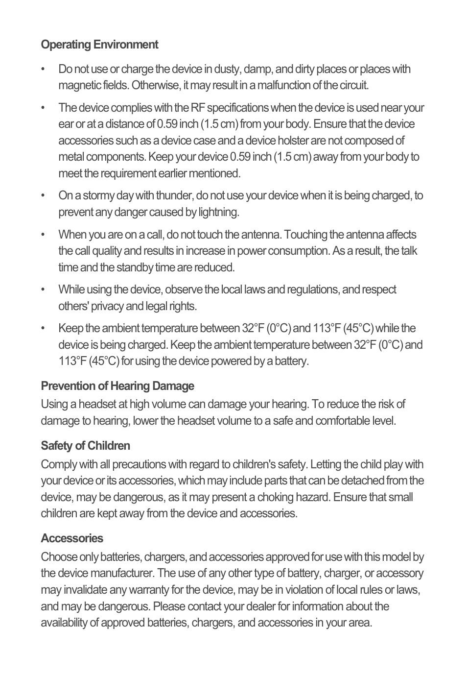 Operating environment, Prevention of hearing damage, Safety of children | Accessories | Huawei M835 Quick Start User Manual | Page 15 / 23