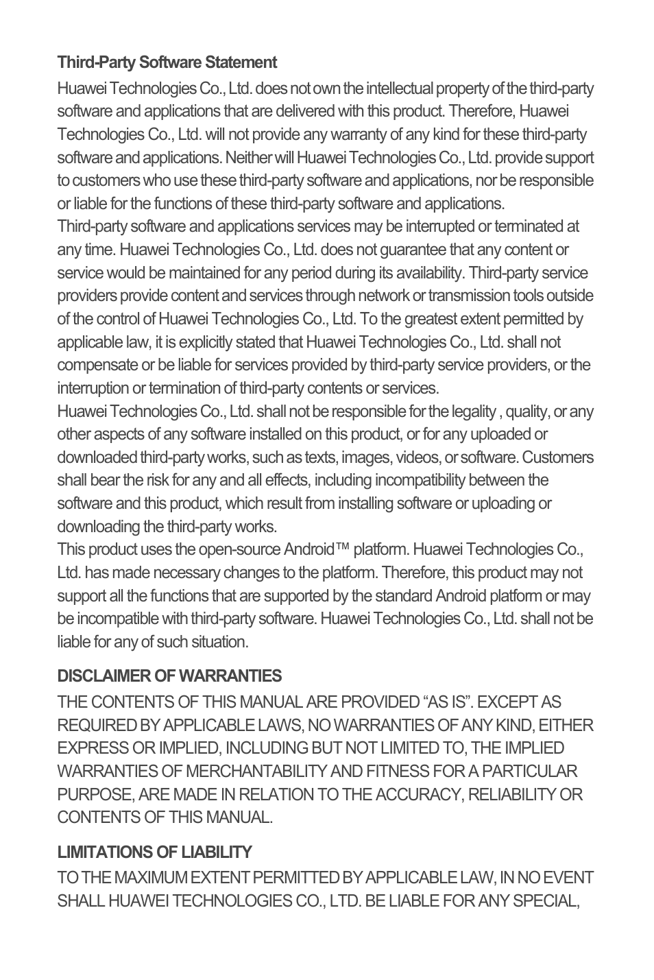 Third-party software statement, Disclaimer of warranties, Limitations of liability | Huawei M835 Quick Start User Manual | Page 22 / 23