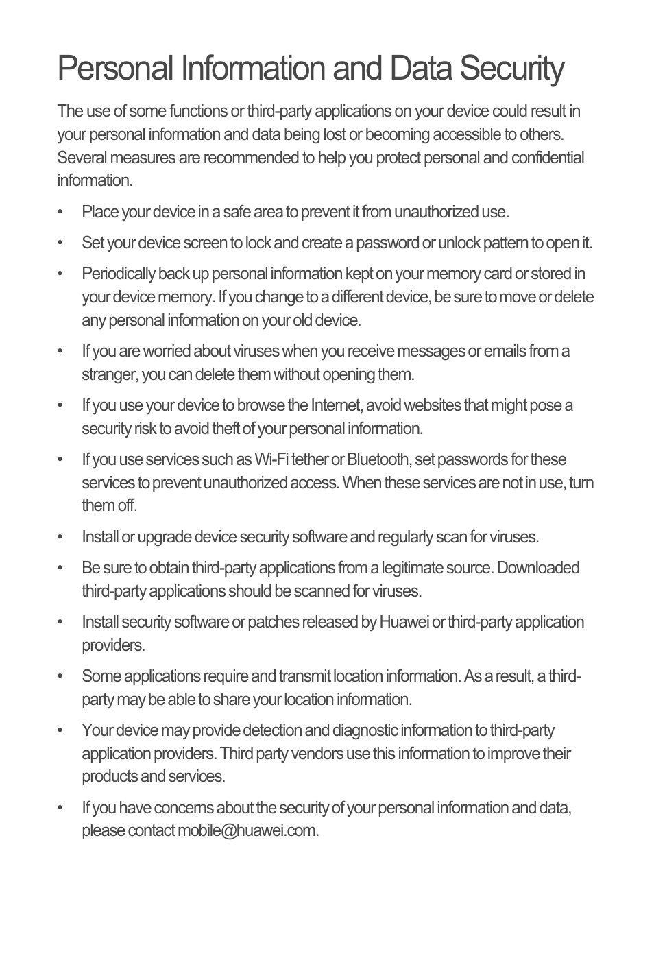 Personal information and data security | Huawei M835 Quick Start User Manual | Page 3 / 23