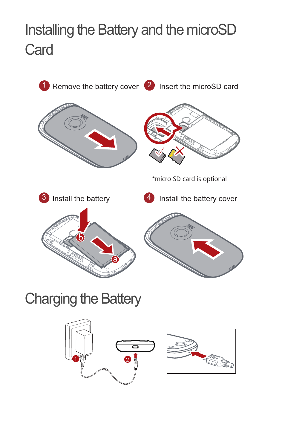 Installing the battery and the microsd card, Charging the battery | Huawei M835 Quick Start User Manual | Page 6 / 23