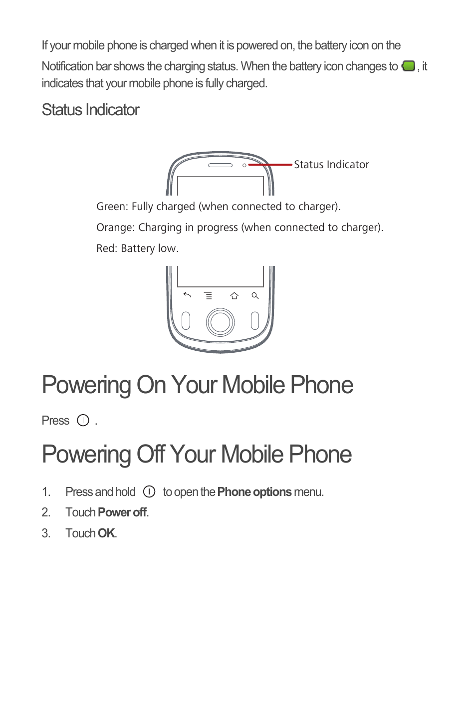 Status indicator, Powering on your mobile phone, Powering off your mobile phone | Huawei M835 Quick Start User Manual | Page 7 / 23