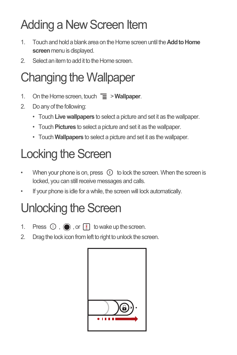 Adding a new screen item, Changing the wallpaper, Locking the screen | Unlocking the screen | Huawei M835 Quick Start User Manual | Page 9 / 23