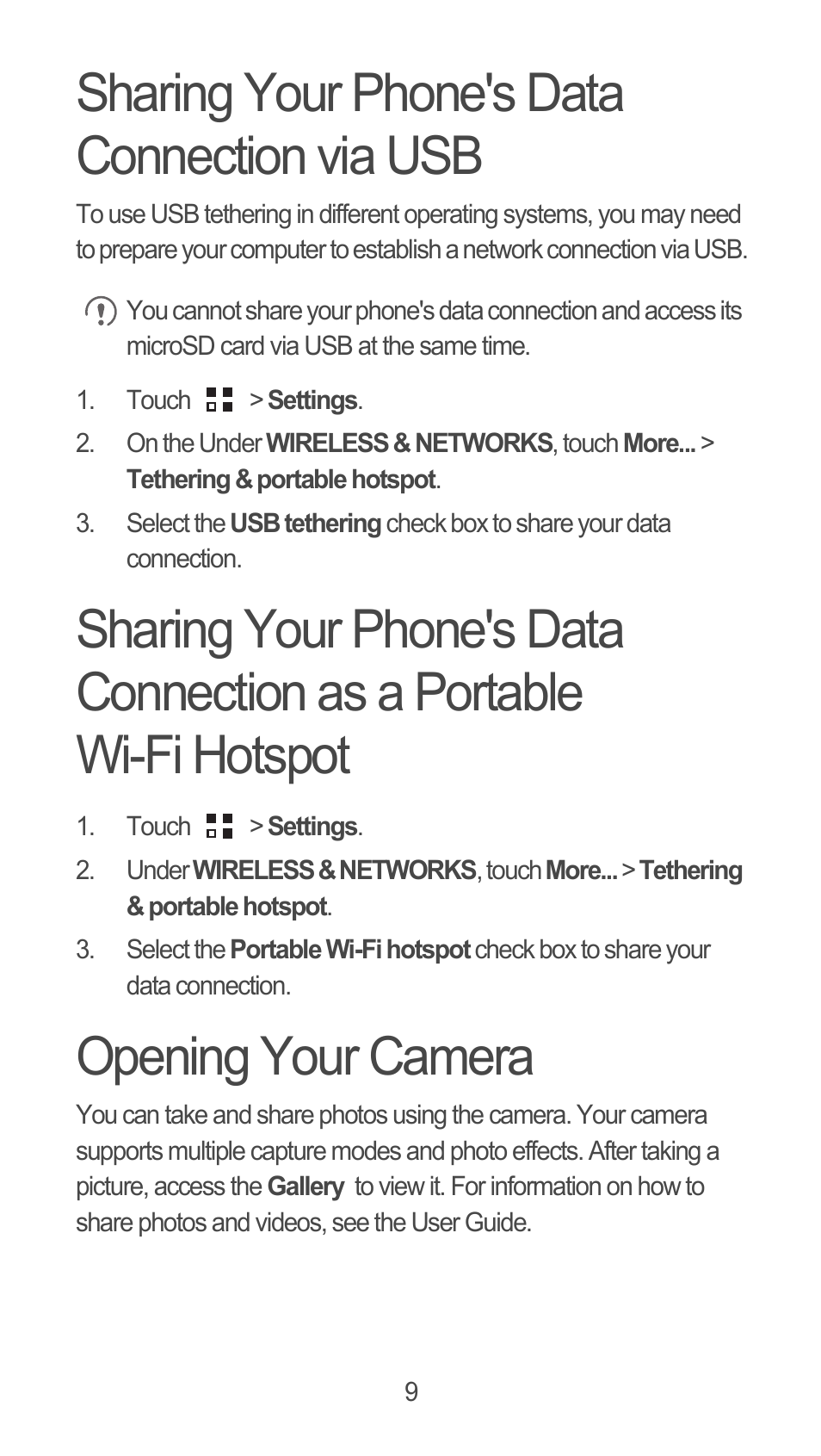 Sharing your phone's data connection via usb, Opening your camera | Huawei M881 Quick Start User Manual | Page 10 / 28