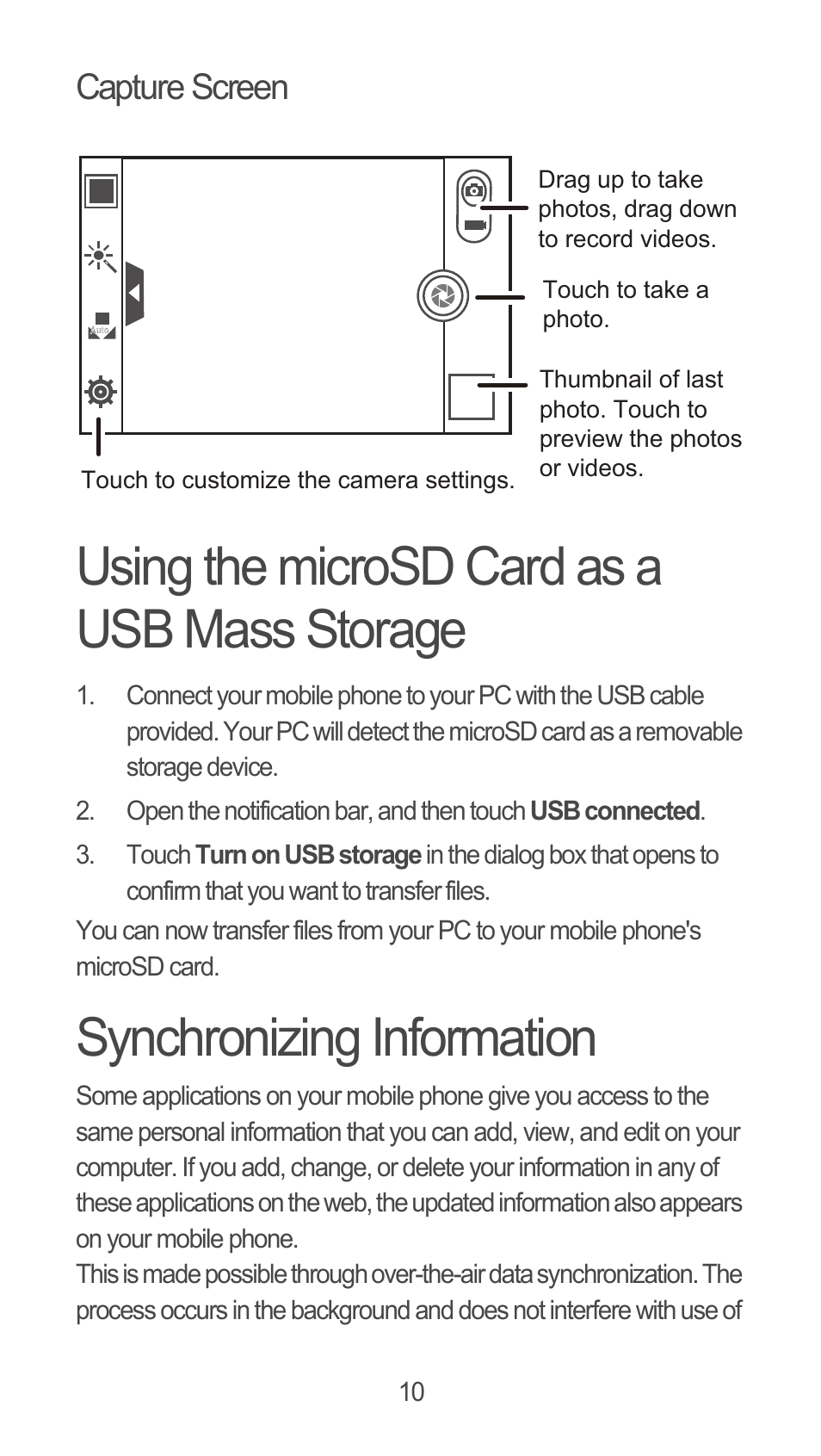 Capture screen, Using the microsd card as a usb mass storage, Synchronizing information | Huawei M881 Quick Start User Manual | Page 11 / 28