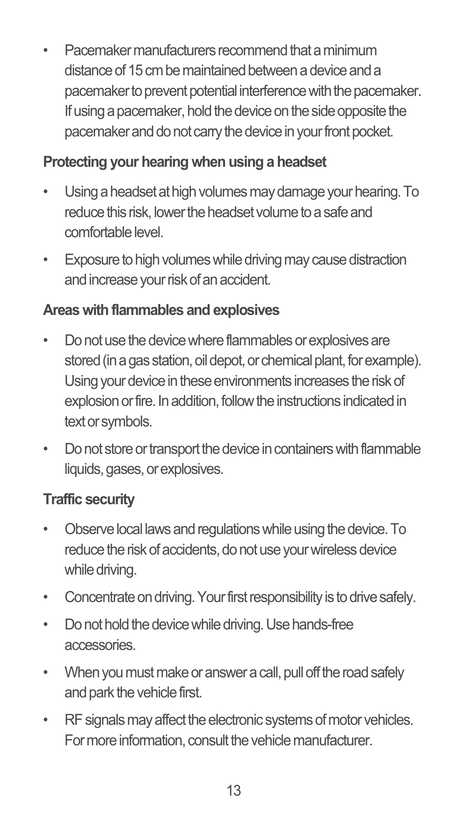 Protecting your hearing when using a headset, Areas with flammables and explosives, Traffic security | Huawei M881 Quick Start User Manual | Page 14 / 28