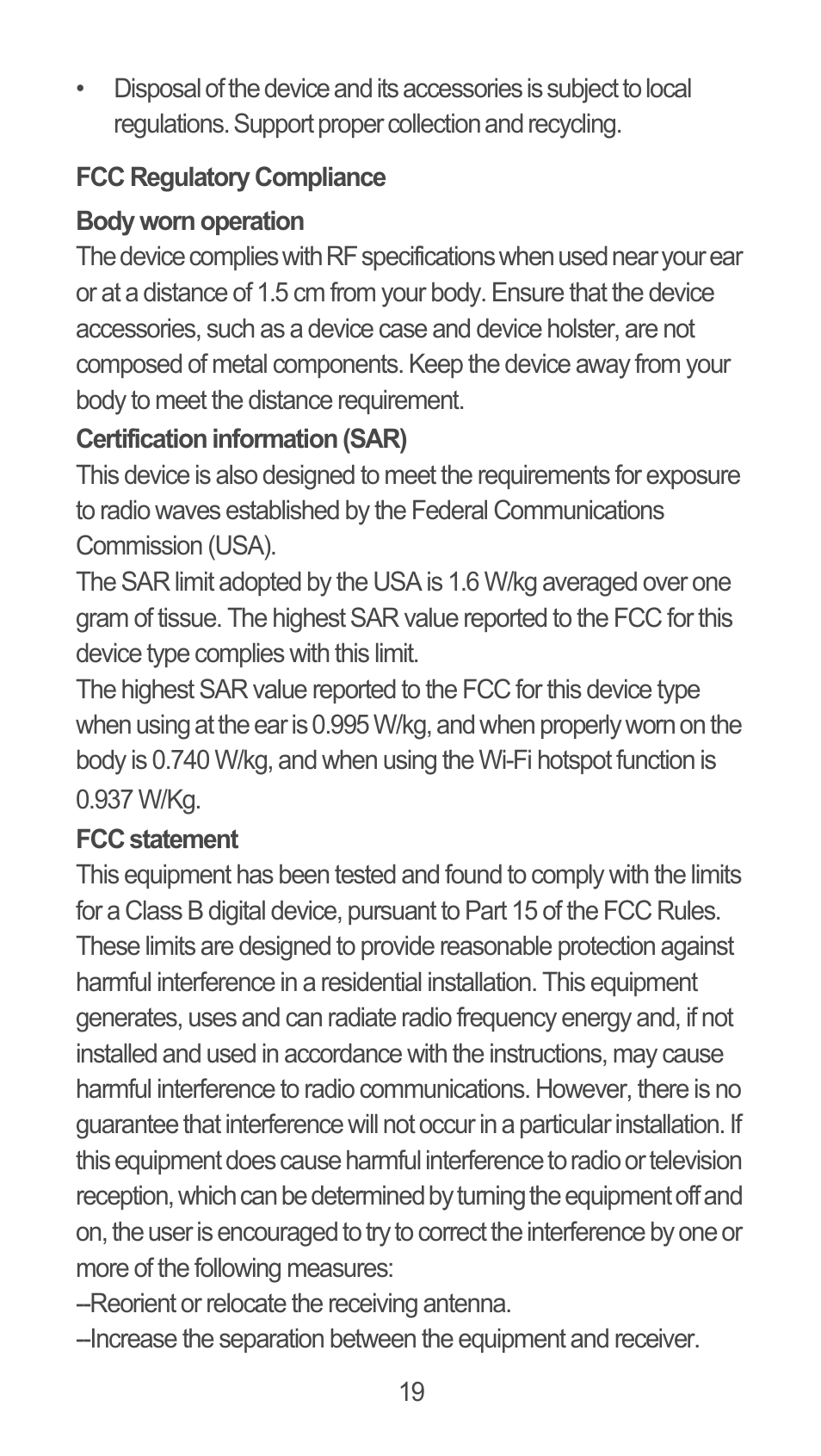 Fcc regulatory compliance | Huawei M881 Quick Start User Manual | Page 20 / 28